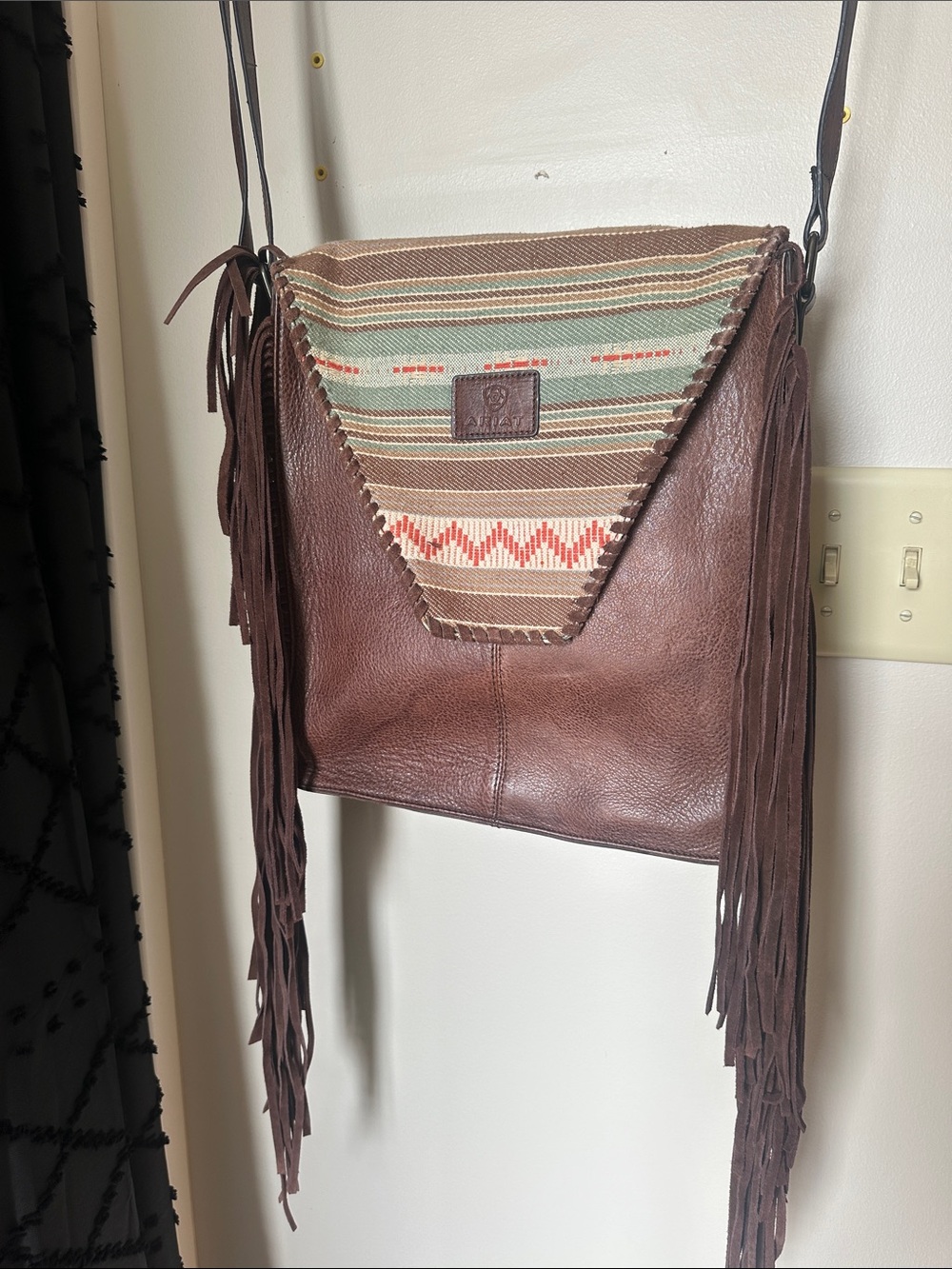 Ariat Brown Leather Fringe Crossbody with Woven Stripe Flap